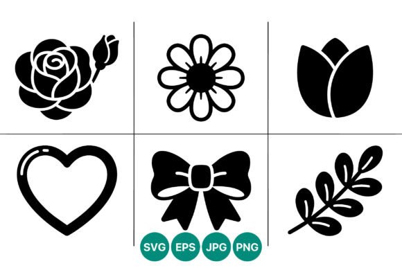 Black and White Floral Heart Bow Icons