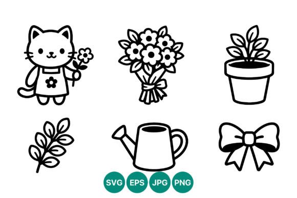 Cute Cat Flower Gardening Line Art