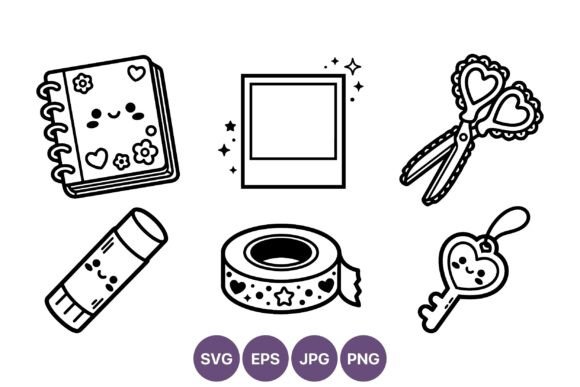 Cute Kawaii Black and White Stationery Icons