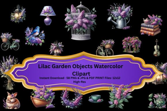 Lilac Garden Objects Watercolor Clipart