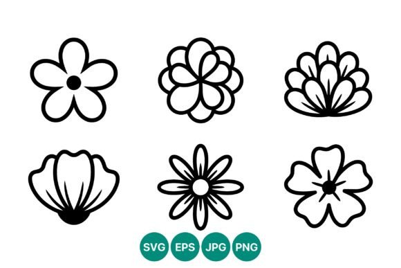 Line Art Flower Doodle Set of Six Black