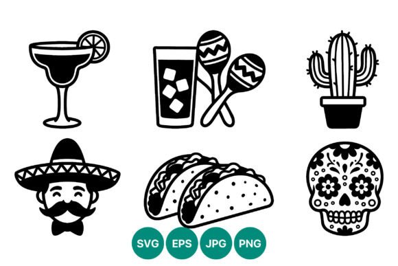 Mexican Themed Black and White Icons