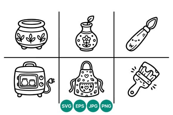 Pottery Oven Apron Brushes Lineart Icons