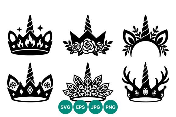 Unicorn Crown Vector Set: Black & White